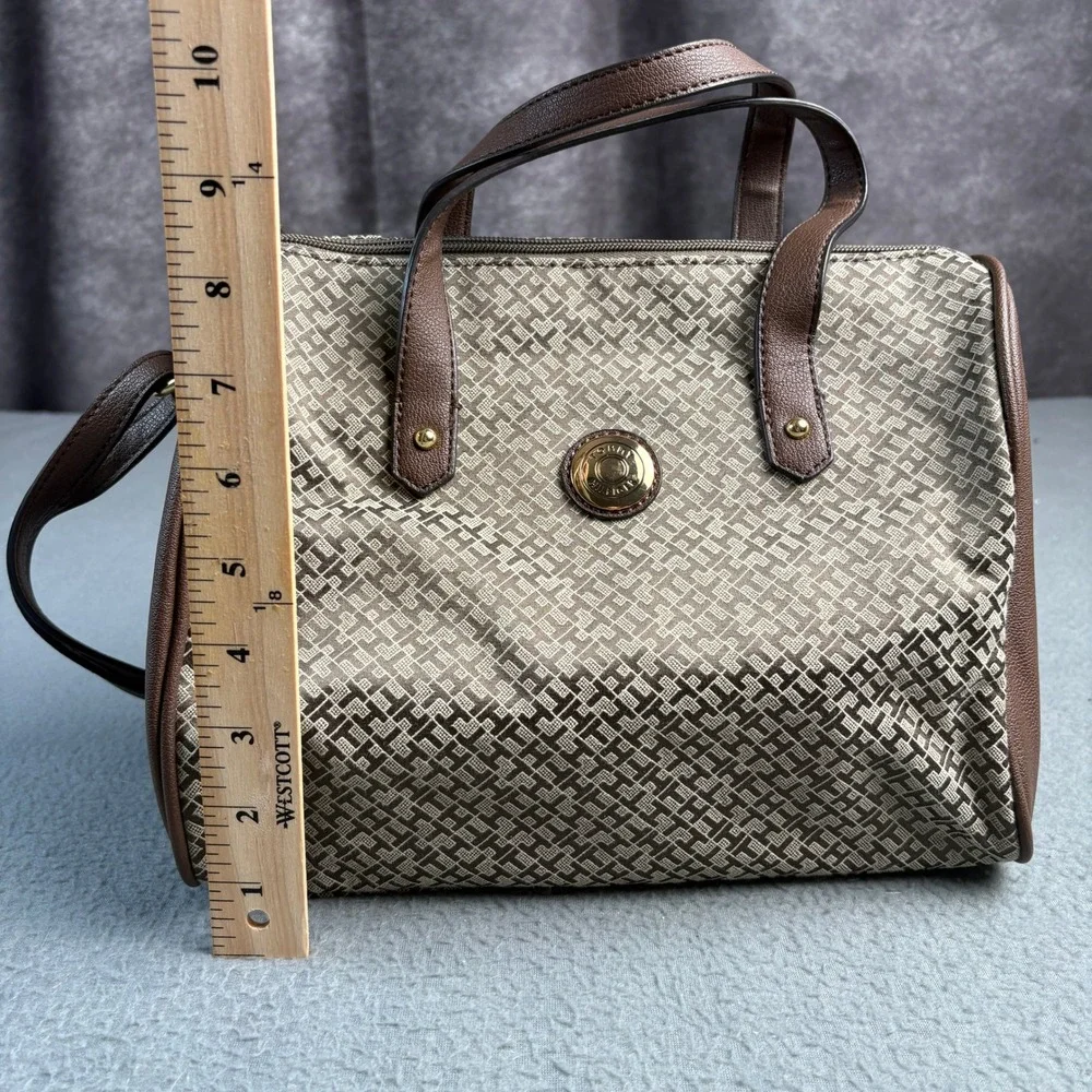 Tommy Hilfiger Monogram Jacquard Satchel Crossbody Bag Brown Tan Gold Tone